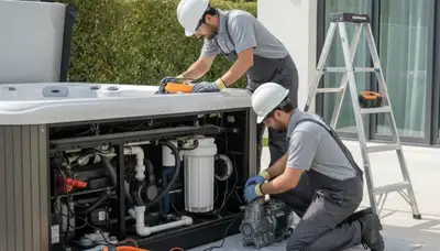 Spa repair technician servicing Chandler, AZ home spa system for plumbing-repair maintenance